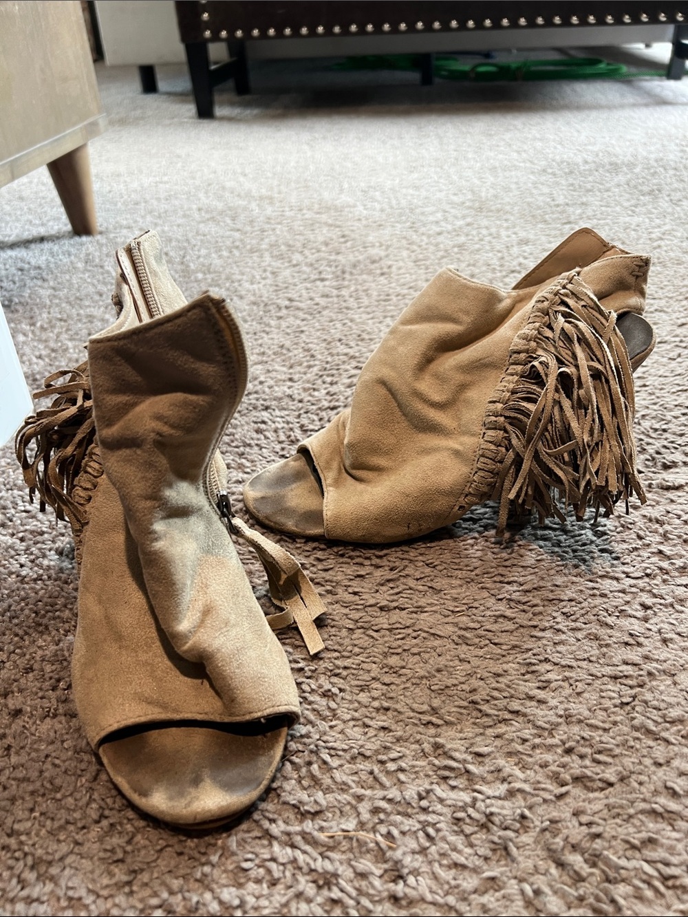 Suede Fringe Peep-Toe Booties - Taupe